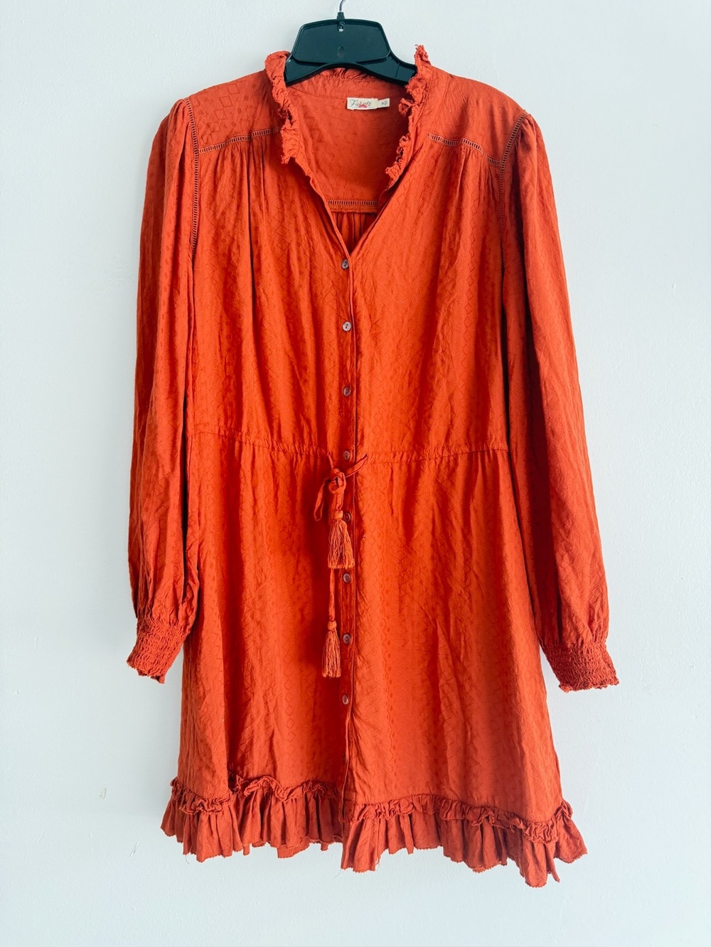 Faherty Rust ruffle Long Sleeve Mini Dress Size Medium 8731 - Picture 2 of 10